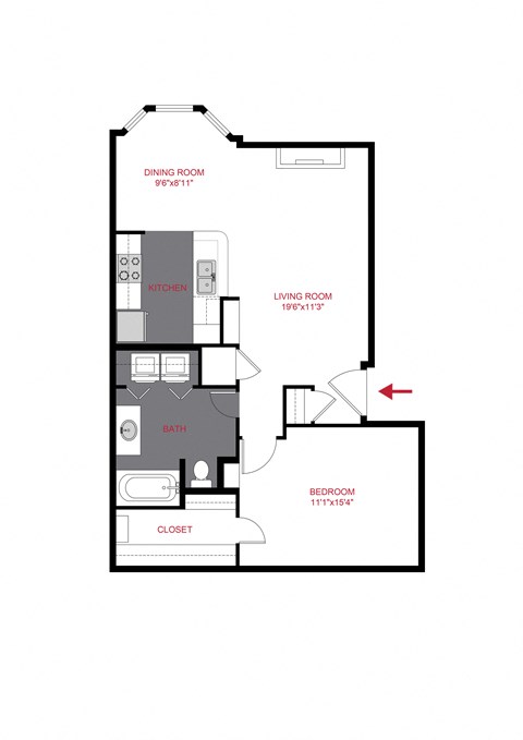 Floor plan for 1 bed, 1 bath, 780 sqft